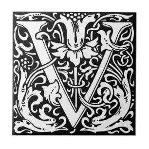 Letter V Mediaeval Monogram Art Nouveau Ceramic Tile