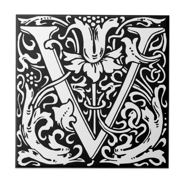 Letter V Mediaeval Monogram Art Nouveau Ceramic Tile (Front)