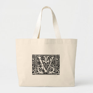 Letter V Mediaeval Monogram Art Nouveau Large Tote Bag