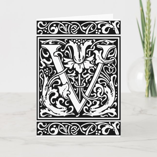 Letter V Mediaeval Monogram Art Nouveau Note Card (Front)