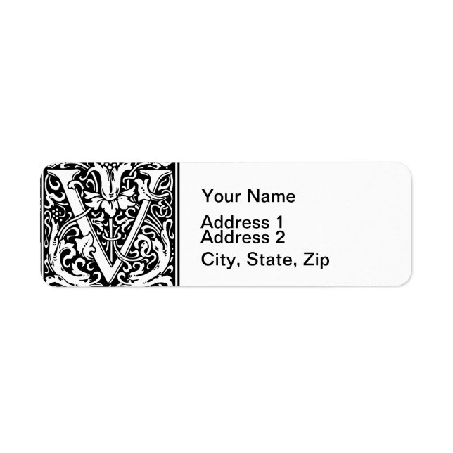 Letter V Mediaeval Monogram Art Nouveau Return Address Label (Front)