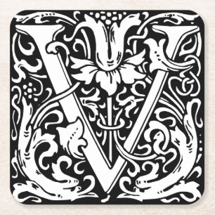 Letter V Mediaeval Monogram Art Nouveau Square Paper Coaster