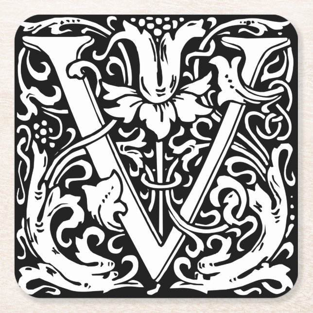 Letter V Mediaeval Monogram Art Nouveau Square Paper Coaster (Front)