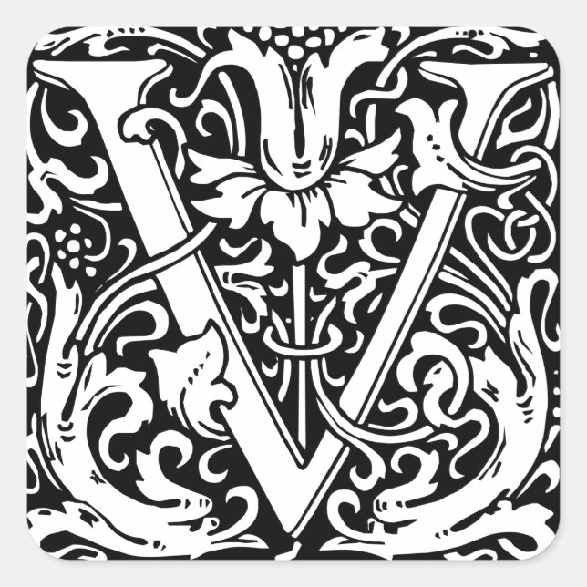 Letter V Mediaeval Monogram Art Nouveau Square Sticker (Front)