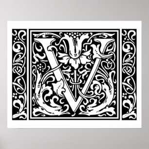 Letter V Mediaeval Monogram Vintage Initial Poster