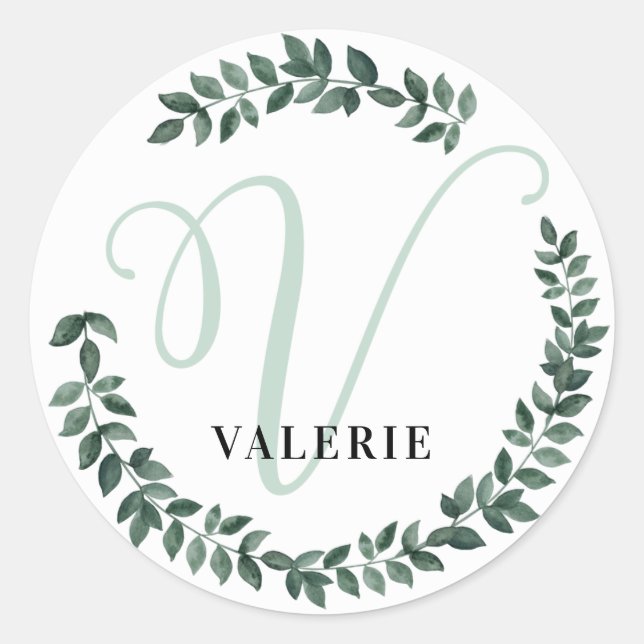 Letter V Monogram Custom Name Minimalist Botanical Classic Round Sticker (Front)