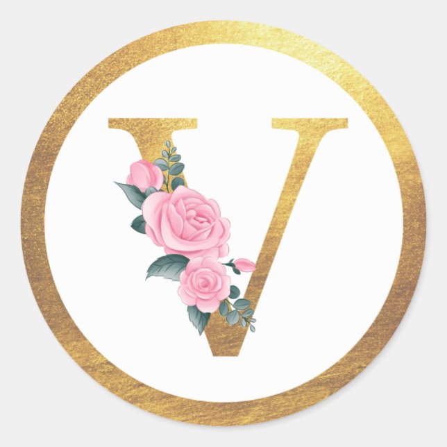 Letter V Monogram Pink Roses Floral & Elegant Gold Classic Round Sticker (Front)