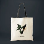 Letter V Monogram | Tropical Leaves Bridesmaid Tote Bag<br><div class="desc">Customisable letter V monogram tote bag featuring watercolor tropical leaves,  faux gold foil leaf and black watercolor brush accents. Personalise this tropical monogram tote bag by adding your name or other details. This boho letter V monogram bag will be perfect as a gift. Other letters are available.</div>