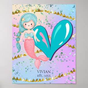 Letter V Monogram Watercolor Cute Mermaid Nursery Poster