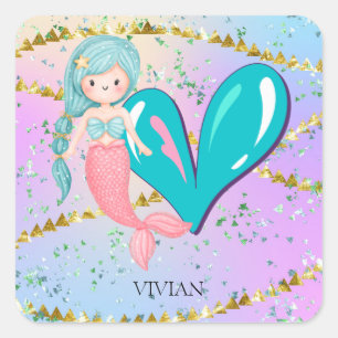 Letter V Monogram Watercolor Cute Mermaid Nursery Square Sticker