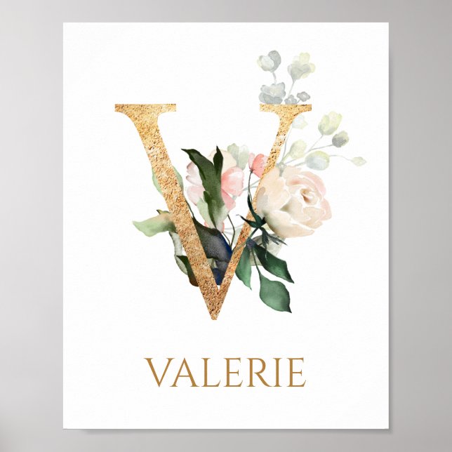 Letter V Monogram white cream rose Nursery Poster (Front)