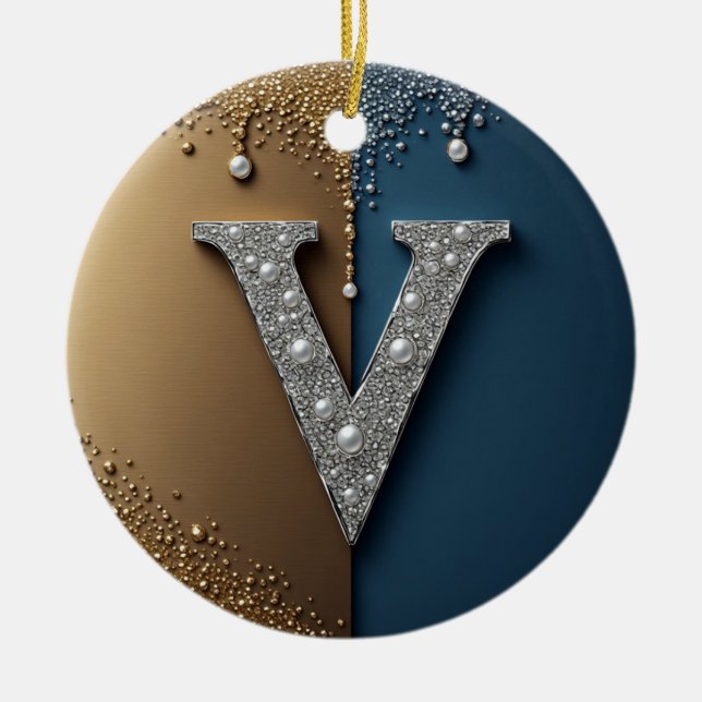 Letter V Monogram With Diamonds Pearls Ceramic Ornament (Front)