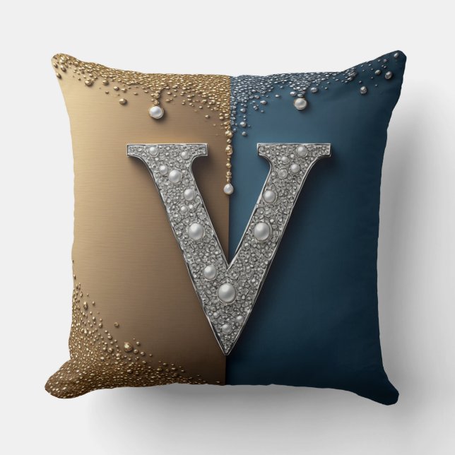 Letter V Monogram With Diamonds Pearls Cushion (Front)