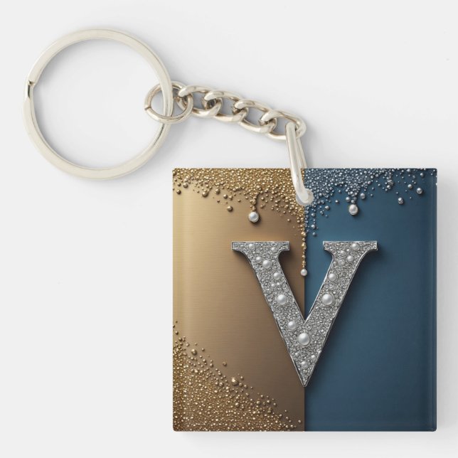 Letter V Monogram With Diamonds Pearls Key Ring (Front)