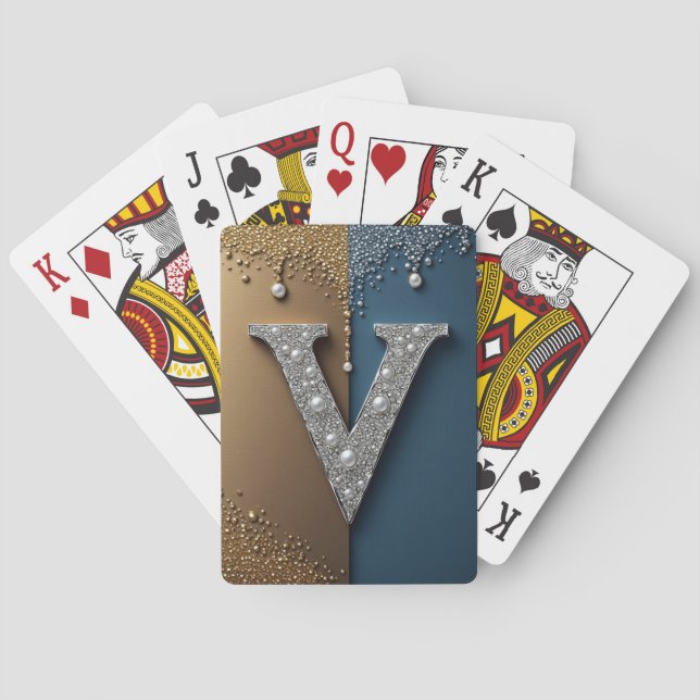 Letter V Monogram With Diamonds Pearls Playing Cards (Back)