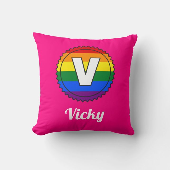 Letter V & Name Gay Pride Rainbow Monogram - Pink Cushion (Front)