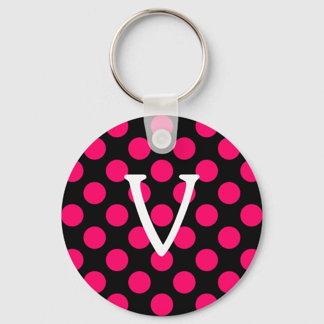 Letter V on Black Pink Polka Dots Key Ring (Front)