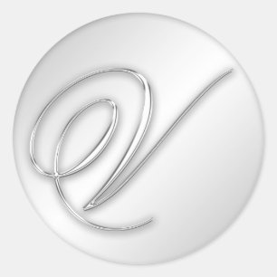 Letter V script initial faux silver monogram favou Classic Round Sticker