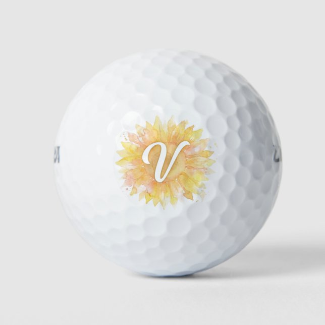 Letter V Sunflower First Name Monogram Initial  Golf Balls (Front)