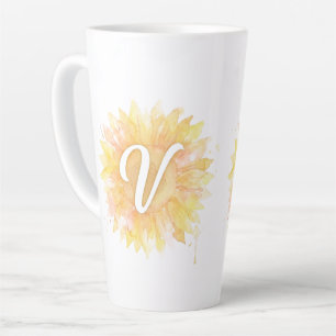 Letter V Sunflower First Name Monogram Initial Latte Mug