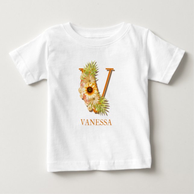 Letter V Sunflower Floral Monogram with Name Baby T-Shirt (Front)