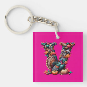 Letter V Thanksgiving turkey style gift Key Ring