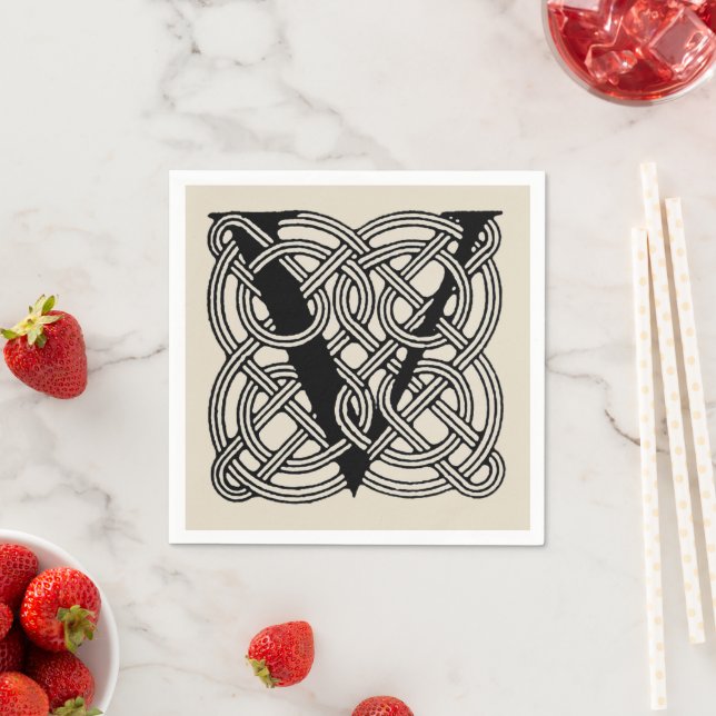 Letter V Vintage Celtic Knot Monogram Napkin (Insitu)