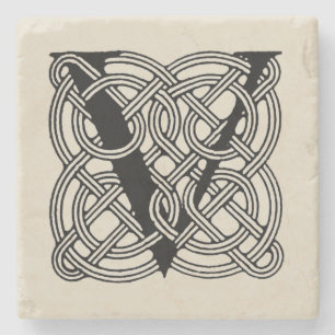 Letter V Vintage Celtic Knot Monogram Stone Coaster