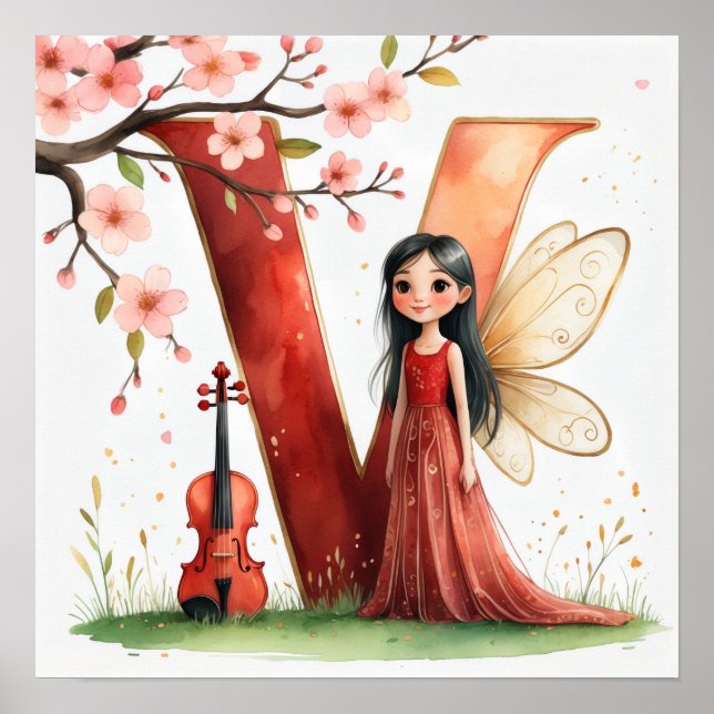 Letter V Violin Fairy Poster -Alphabet Art (Front)
