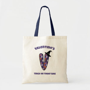 Letter V with Witch Hat and Name Trick or Treat Tote Bag