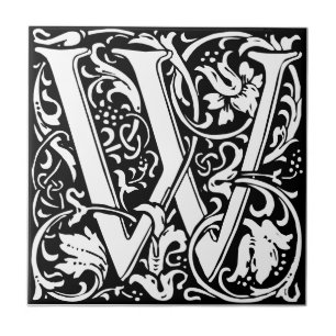 Letter W art nouveau black and white Tile