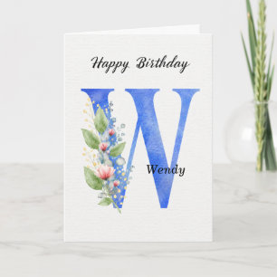 Letter W Birthday Custom Name Her Blue Monogram Card