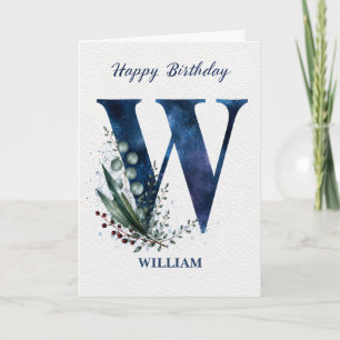 Letter W Birthday for Him Personalised Name Blue Card