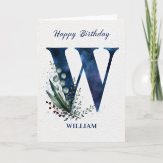 Letter W Birthday for Him Personalised Name Blue Card