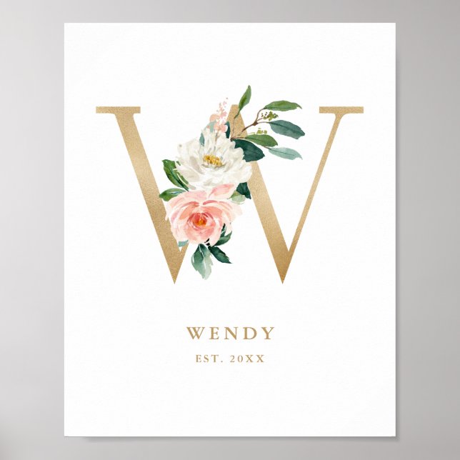 Letter W Blush Floral Monogram Gold Foil Nursery Poster (Front)
