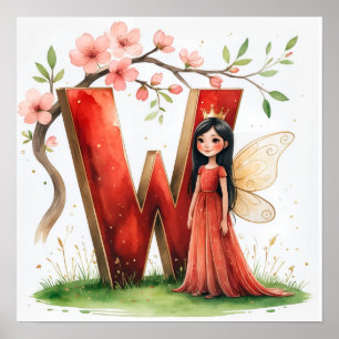 Letter W Crown Princess Fairy Poster Alphabet Art