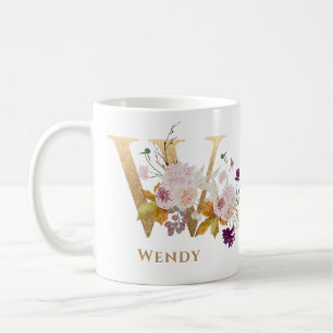 Letter W - Gold Floral Name sister coworker friend Coffee Mug