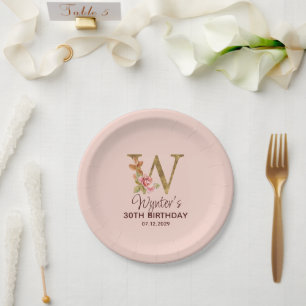 Letter W Gold Monogram Blush Pink Roses Paper Plate