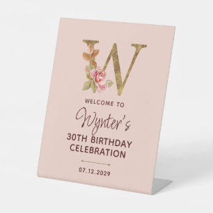 Letter W Gold Monogram Blush Pink Roses Sign