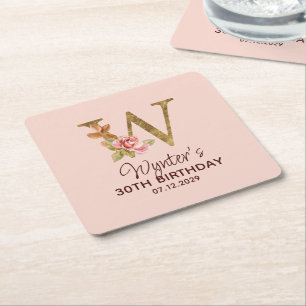 Letter W Gold Monogram Blush Pink Roses Square Paper Coaster