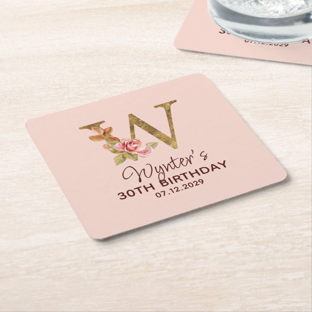 Letter W Gold Monogram Blush Pink Roses Square Paper Coaster (Angled)