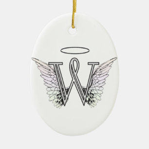 Letter W Initial Monogram with Angel Wings & Halo Ceramic Ornament