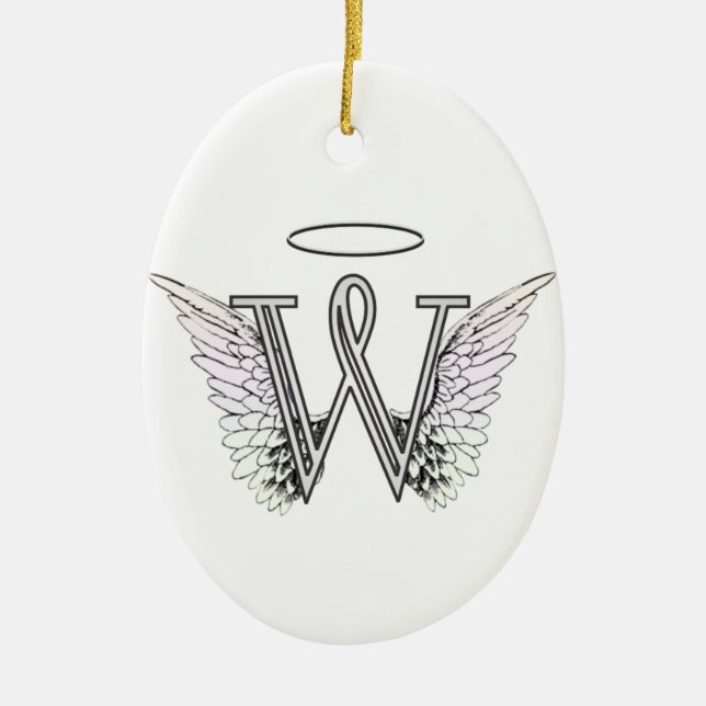 Letter W Initial Monogram with Angel Wings & Halo Ceramic Ornament (Front)