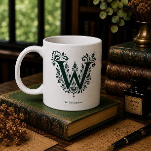 Letter W Linocut Botanical Personalised Mug