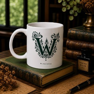 Letter W Linocut Botanical Personalised Mug