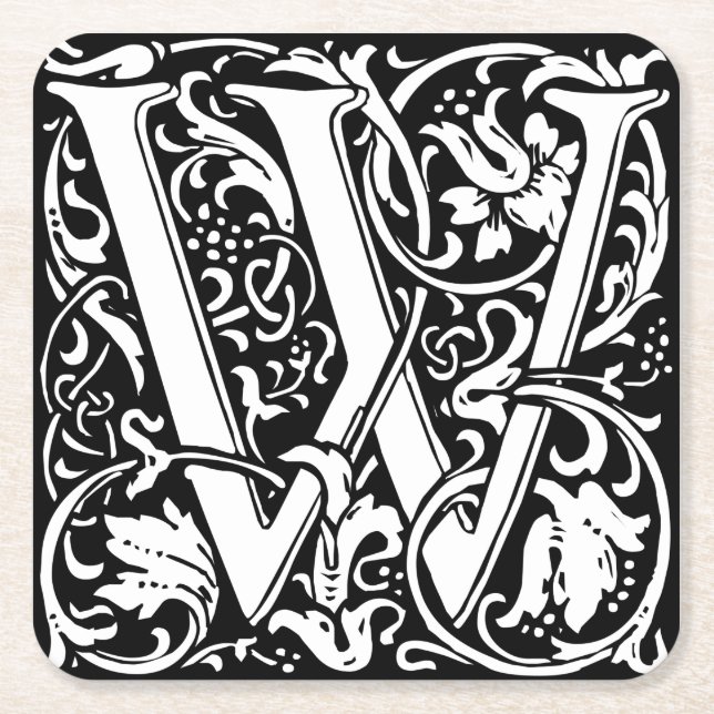 Letter W Mediaeval Monogram Art Nouveau Square Paper Coaster (Front)