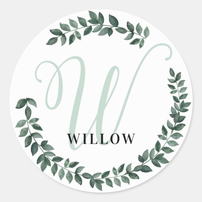 Letter W Monogram Custom Name Minimalist Botanical Classic Round Sticker (Front)
