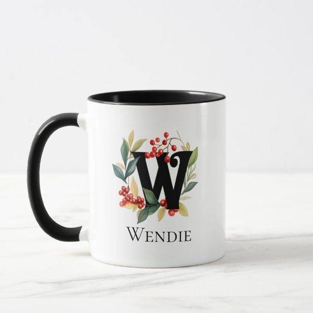Letter W Monogram Initial Christmas Berry Wreath Mug (Left)