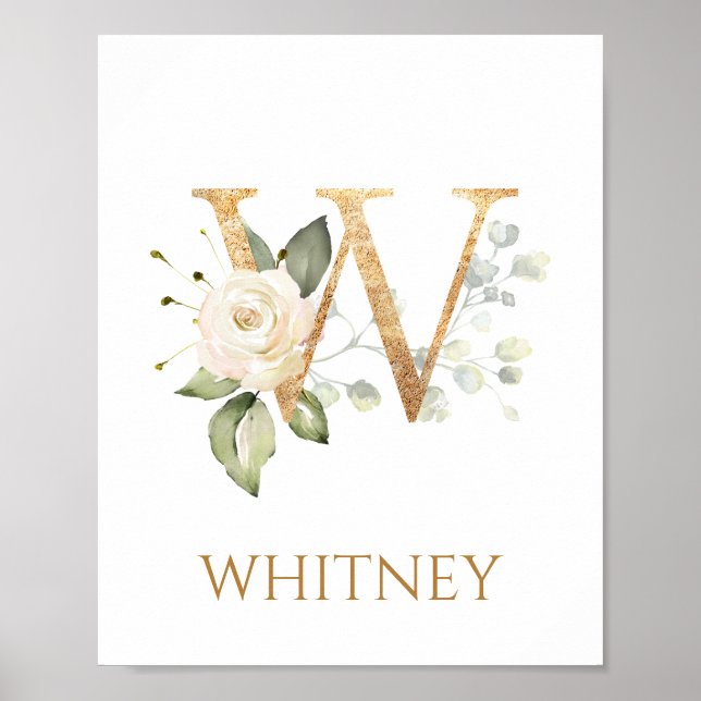 Letter W Monogram white cream rose Nursery Poster (Front)