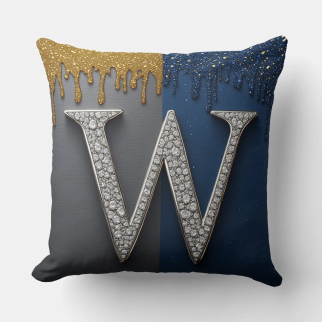 Letter W Monogram With Diamonds Pearls Cushion (Front)